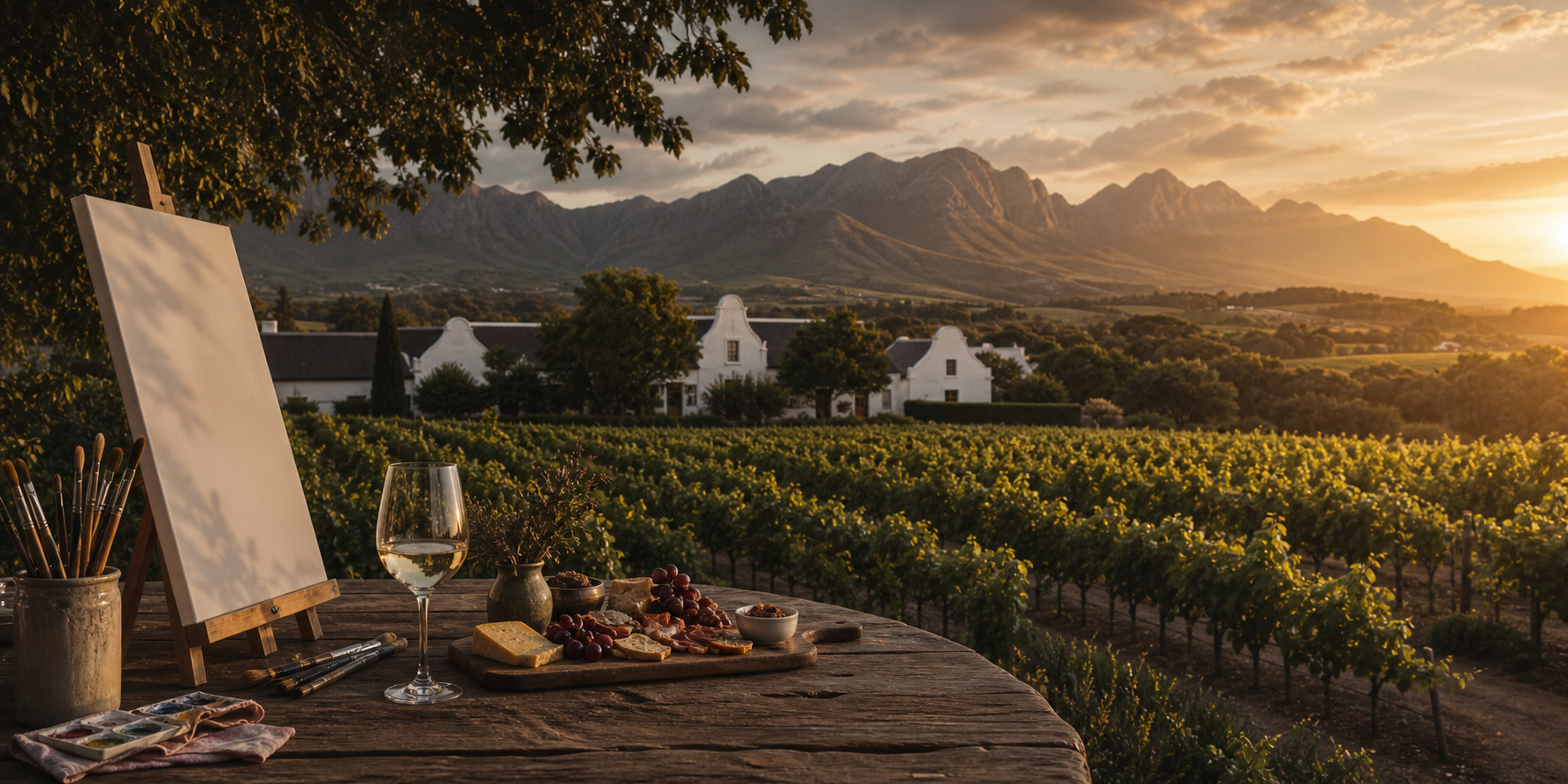Sip and Paint table with canvas, wine, painting supplies, and a vineyard beyond