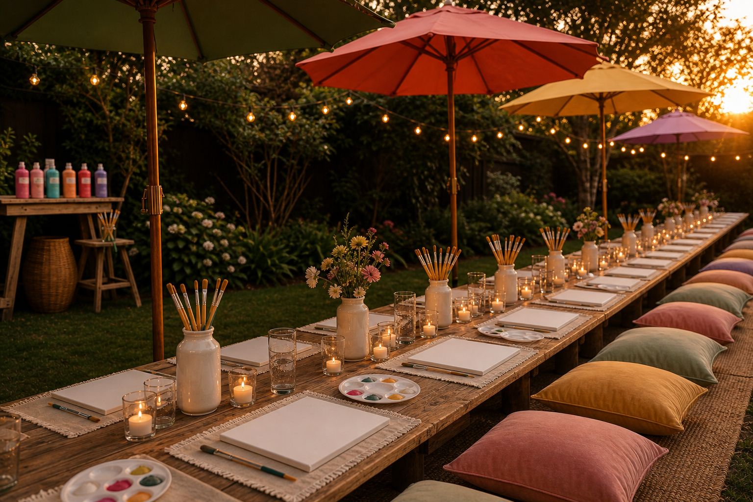 Outdoor sip and paint table under pastel umbrellas with candles, brushes, cushions, and warm garden lights