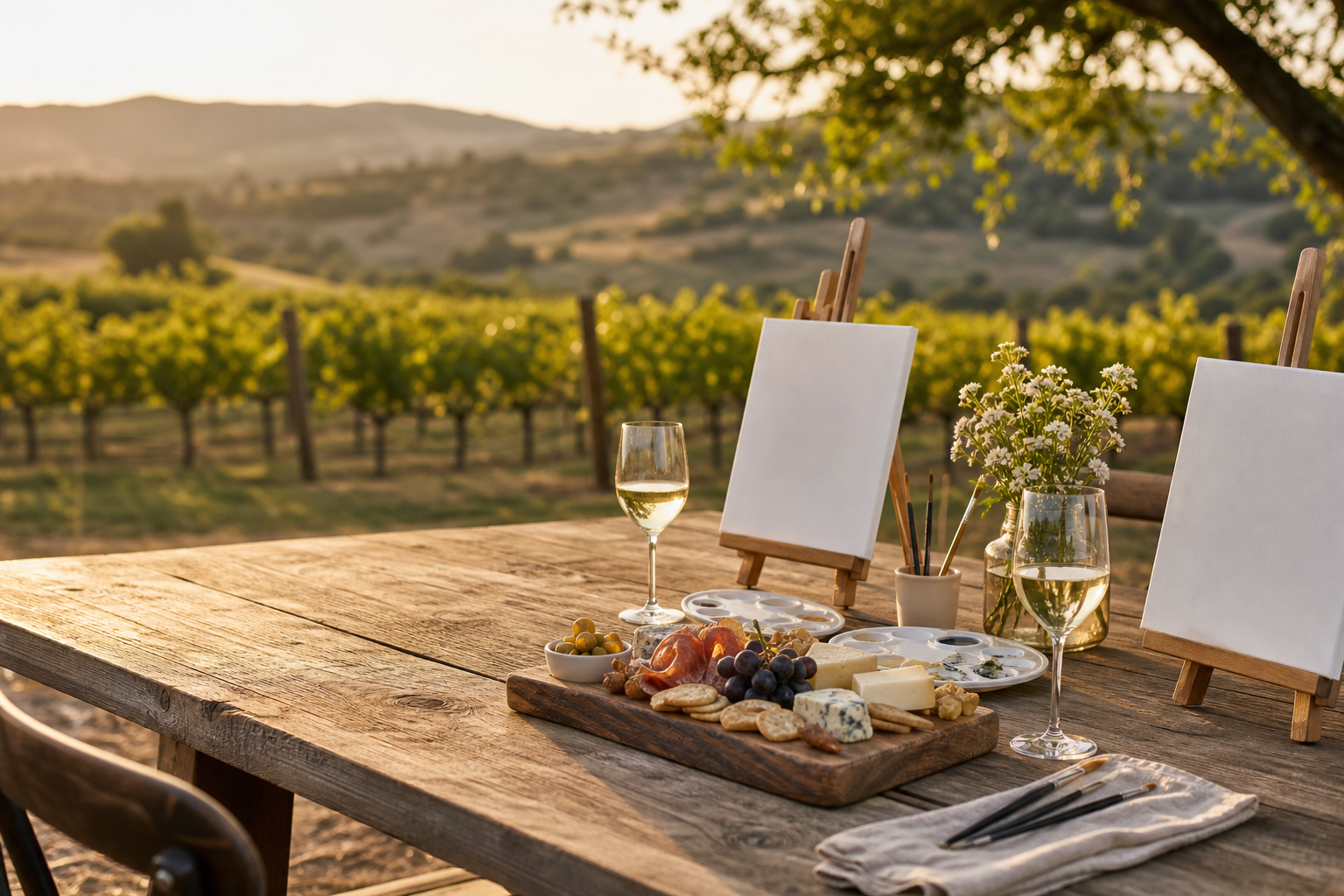 Wine farm table with wine glasses, paint palettes, brushes, canvases, and a charcuterie board
